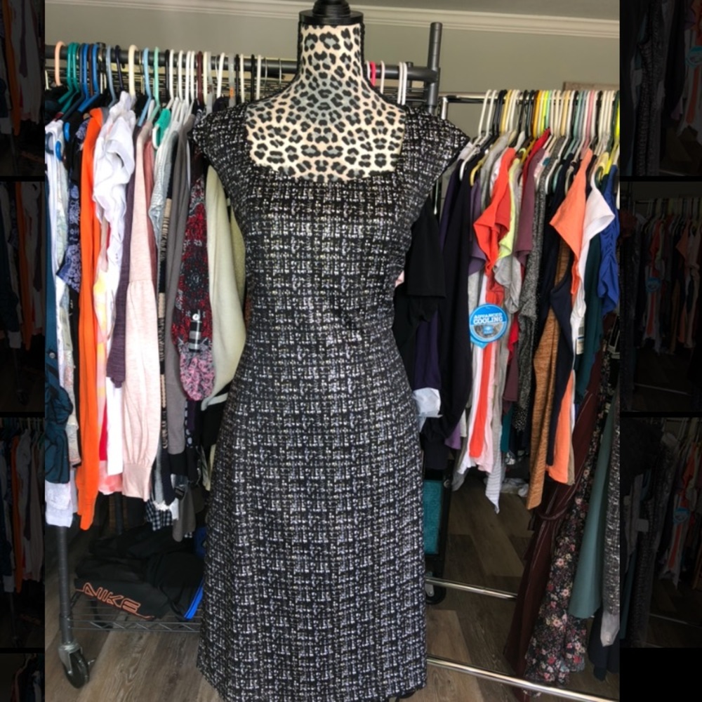 Kasper black white and gold dress